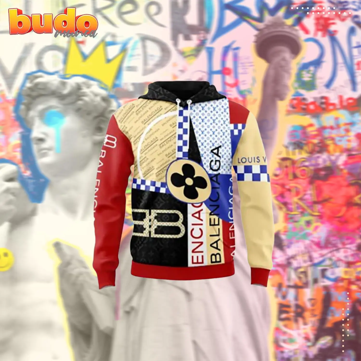 Louis vuitton balenciaga multicolor unisex hoodie outfit for men women luxury brand clothing - hot new